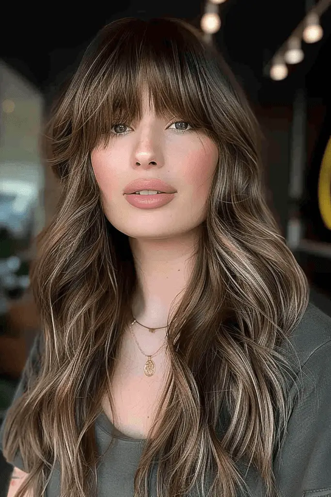 Ash Brown Long Hair with Full Bangs on women with wavy hair