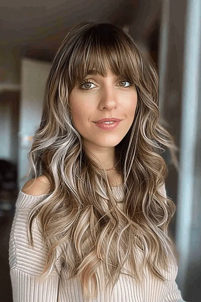 Full Thick Bangs for Long Balayage Hair on women with long faces