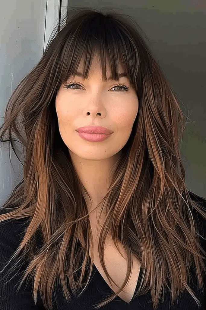 Layered Long Hair with Straight Bangs