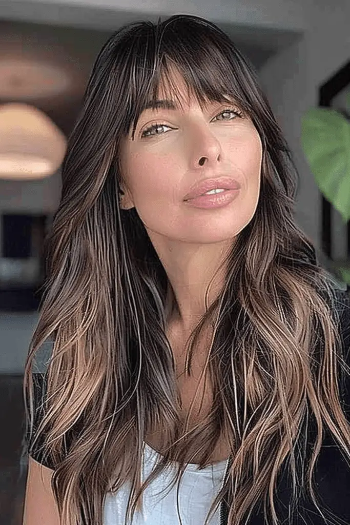 Long hair with subtle highlights and arched bangs